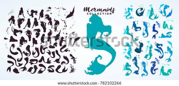 Set: ink sketch collection of mermaids and\
siren creator, isolated on white. Hand drawn realistic sketch of\
singing, sitting, floating, dancing... mermaid and sea life. Vector\
illustration.