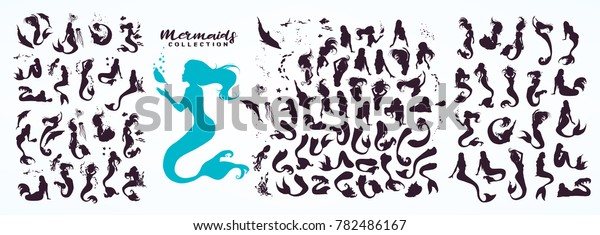 Set: ink sketch collection of mermaids and
siren creator, isolated on white. Hand drawn realistic sketch of
singing, sitting, floating, dancing... mermaid and sea life. Vector
illustration.