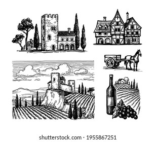 Set of ink sketches isolated on white background. Vineyard landscape. Old country houses. Horse harnessed to a cart. Wine bottles and bunch of grapes. Hand drawn vector illustration. Retro style. svg