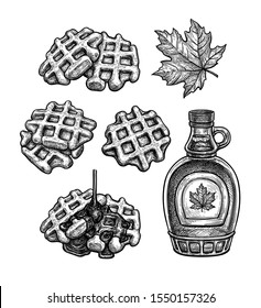 Set of ink sketches. Waffles with maple syrup. Hand drawn vector illustration isolated on white background. Retro style.