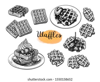 Set of ink sketches. Waffles with syrup and ice cream. Hand drawn vector illustration isolated on white background. Retro style big collection.