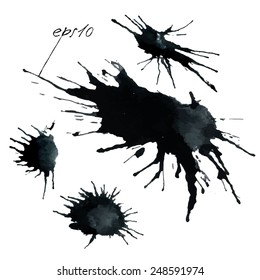 Set of ink splashes. Black ink in vector style. Watercolor painting.