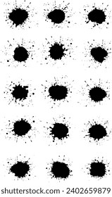 Set of ink splashes, blots. Black inked splatter dirt stain splattered spray splash with drops blots isolated vector illustration.