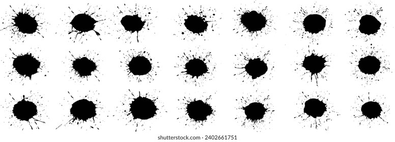 Set of ink splashes, blots. Black inked splatter dirt stain splattered spray splash with drops blots isolated vector illustration.