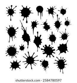 Set of Ink Splatter Vector Illustration. A versatile vector illustration featuring a collection of black ink splatters of various shapes and sizes.