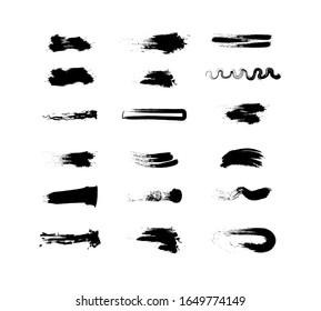 Set of ink stains and hand-drawn stripes. Black paints, ink, brushes, dirty brush strokes. Brush strokes, ink painting isolated on white background. Black and white, monochrome vector illustration.
