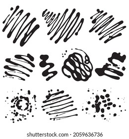 set of ink stains, splatters and spills, vector spots isolated on white. illustration of silhouettes of liquid splash form.