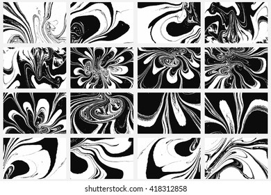 Set Ink texture of 16 traditional Turkish ebru illustration. Watercolor hand drawn artistic marbling invitation. Abstract background prints. Template for invitation envelope, card design, t-short.
