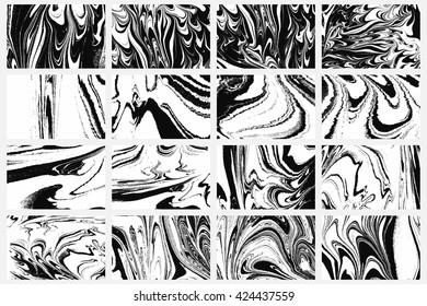 Set Ink texture of 16 watercolor hand drawn artistic marbling invitation, traditional Turkish ebru illustration. Abstract background print on paper. Template for dress and cloth print, invitations.