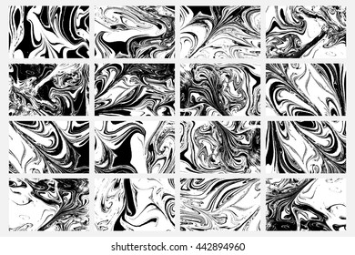 Set Ink texture of 16 watercolor hand drawn artistic marbling invitation, traditional Turkish ebru illustration. Abstract background print on paper. Template for dress and cloth print, invitations.