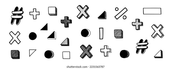 Set of ink various textured volumetric math symbols. Isolated school and business design elements for poster, cover, flyer.