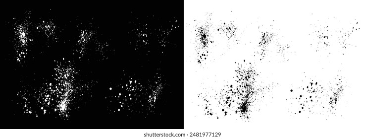 Conjunto de pincel de Vector de tinta de mancha de fondo de Anuncio de salpicaduras en blanco y negro. Pintura grunge brushstroke