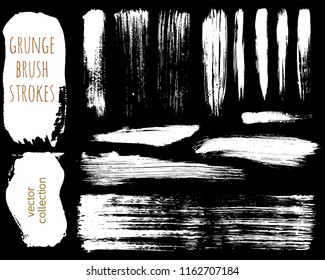 Set of ink vector stains. Grunge brush collection isolated on black