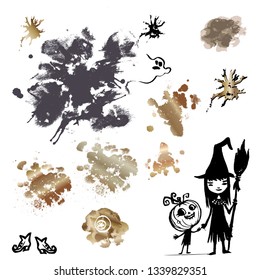 A set of inkblots and blots and painted children in costumes of witches and pumpkins for decoration of promotional and greeting materials to Halloween.