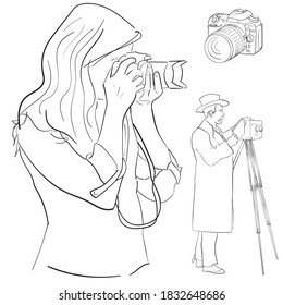 Set of inking icons with cameras and photographers - dslr, old camera, girl photographer