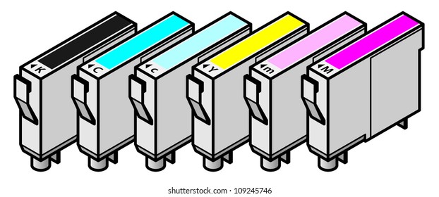 A set of inkjet printer cartridges - individual tanks of cyan, yellow, magenta and black plus light/pale cyan, light/pale magenta - for 6-colour high-fidelity CcMmYK printing.
