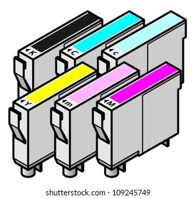 A set of inkjet printer cartridges - individual tanks of cyan, yellow, magenta and black plus light/pale cyan, light/pale magenta - for 6-colour high-fidelity CcMmYK printing.