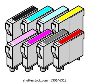 A set of inkjet printer cartridges - individual tanks of cyan, yellow, magenta and black; plus light/pale cyan, light/pale magenta, red and gray - for 8-colour high-fidelity printing.
