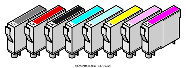A set of inkjet printer cartridges - individual tanks of cyan, yellow, magenta and black; plus light/pale cyan, light/pale magenta, red and gray - for 8-colour high-fidelity printing.