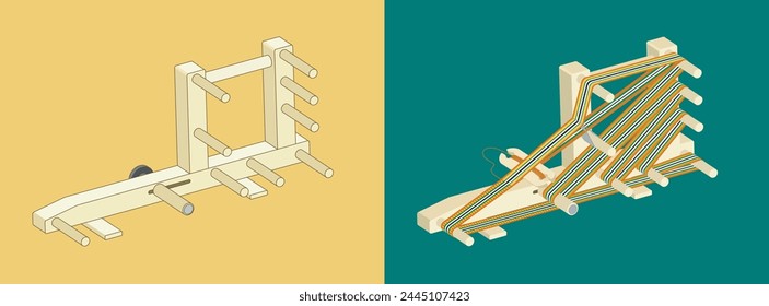 Set of inkle weaving looms. One of them is in the process of being woven. Vector illustration.