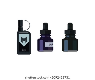 Set of inks bottles. Calligraphy inventory collection. Writing accessories. Office tools and items for artists. Stickers, badges, icons. Cartoon flat vector illustrations isolated on white background