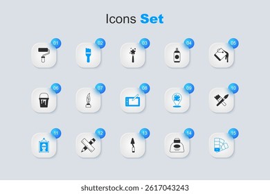 Set Inkwell, Feather and inkwell, Paint brush, Picture, Color palette guide, roller and Graphic tablet icon. Vector