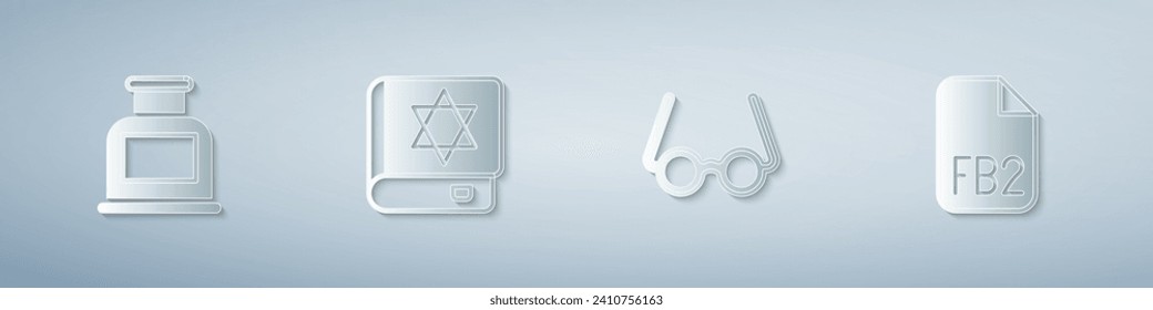 Set Inkwell, Jewish torah book, Glasses and FB2 File. Paper art style. Vector