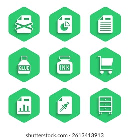 Set Inkwell, Note paper with push button, Archive papers drawer, Shopping cart, Document graph chart, Glue, File document and Delete file icon. Vector