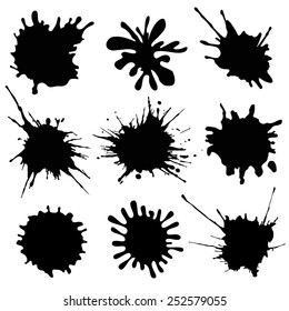 Set of inky blots. Black stain. Set of black grungy elements