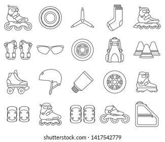 Set of Inline Roller Skates and accessories icons isolated on white background. Outline vector illustration