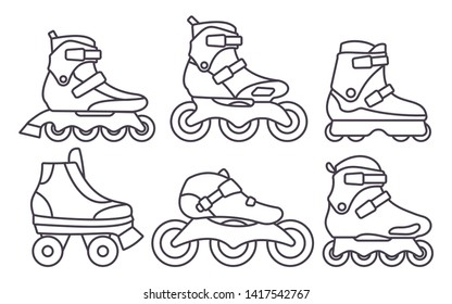 Set of Inline Roller Skates icons isolated on white background. Outline vector illustration