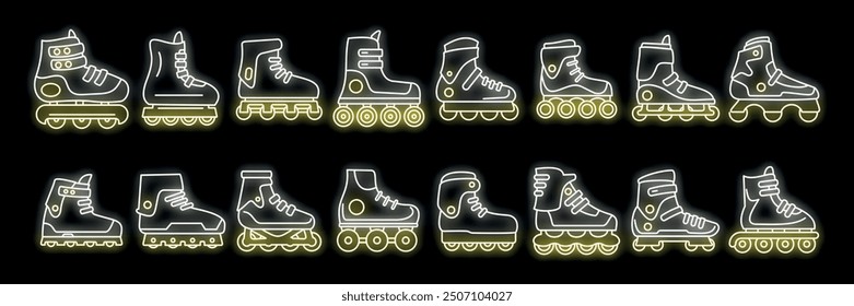 Set of inline skates icons with glowing neon effect on black background