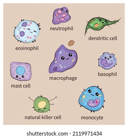 Set Of Innate Immune System Cells, Cartoon Cute Funny Vector Illustration