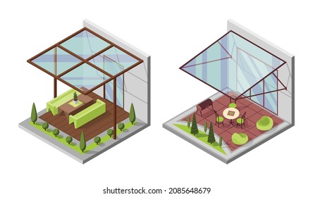 Set of inner courtyard isometric compositions with patio. Houses with a private terrace and transparent glass cover. Covered verandas for table place. Modern architecture