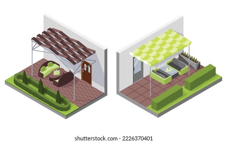 Set of inner courtyard isometric compositions with patio. House with private terrace with covering from above. Covered veranda for table place. Modern architecture