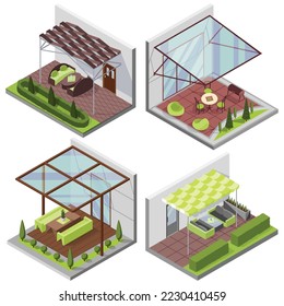 Set of inner courtyard isometric compositions with patio. House with private terrace with covering from above. Covered veranda for table place. Modern architecture