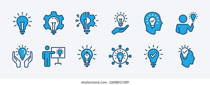 Set of innovation icon vector. Light bulb with gear and head symbol. Containing Creative idea, creativity, solution, suggestion, inspiration, presentation, smart thinking. Illustration