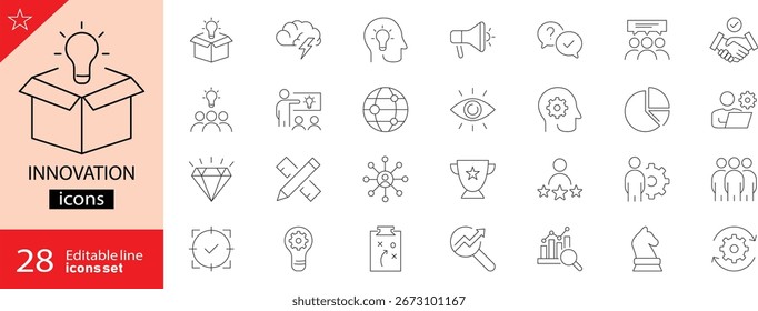 Conjunto de ícones da linha Inovação. Incluindo criatividade, brainstorming, trabalho em equipe, liderança, resolução de problemas, crescimento, análise e pensamento estratégico. Traçado editável. Perfeito para infográficos