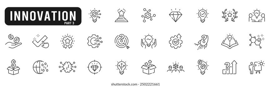 Set of innovation related line icons. Idea, creativity, lightbulb, solution etc. Editable stroke. Part 3