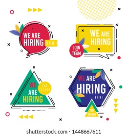Set Inscription Collection we are Hiring Now. On Center Hexagon Circle Square and Triangle with Inscription. Ornaments from Dots Crosses and Lines, Message on Colored Background. Vector Illustration.
