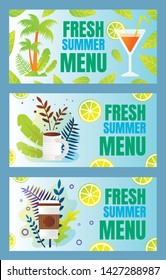 Set Inscription Fresh Summer Menu Cartoon Flat. Bright Summer Flyer for Restaurant or Cafe. Have Cocktail on Tropical Island. Breakfast in Nature with Cup Coffee. Vector Illustration.