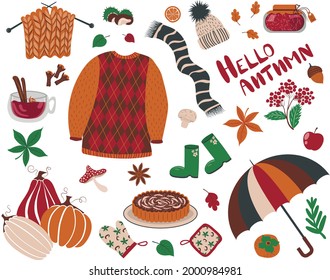 set with the inscription Hello Autumn. Sweater, umbrella, pumpkins, chestnut, leaves, oak, acorn, jam, tea, mulled wine, scarf, hat, rubber boots, mountain ash, apple pie charlotte, oven mitts