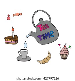 Set with inscription tea time for design cafe, bars, greeting cards or party invitations.