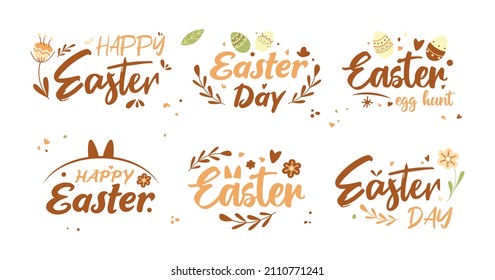 Un juego de inscripciones para el Día de Pascua, Pascua feliz, caza de huevos en Pascua, elegante combinación de colores con letras, flores de primavera, ramas y hojas