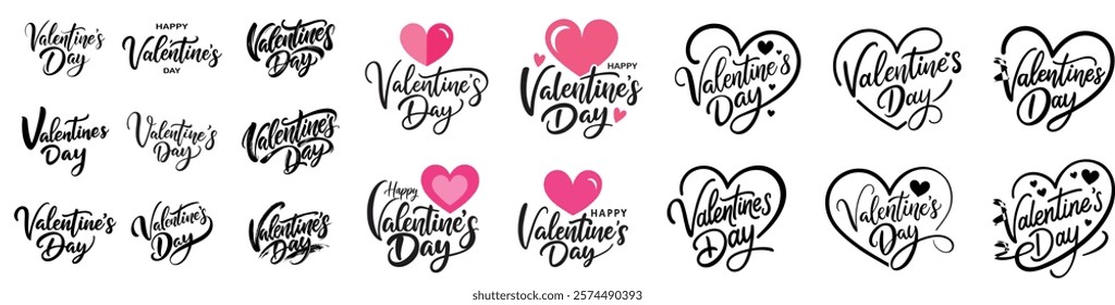  Set of “valentine's day” inscriptions hand drawn with brush. With a heart. Calligraphic inscriptions on white background, vector illustration.