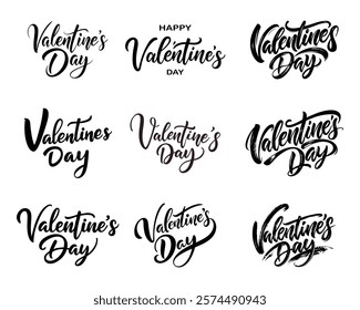  Set of “valentine's day” inscriptions hand drawn with brush. With heart.Calligraphic inscriptions on white background, vector illustration.