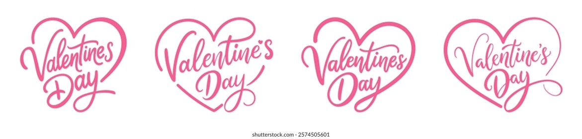  Set of “valentine's day” inscriptions hand drawn with brush. With a heart. Calligraphic inscriptions on white background, vector illustration.