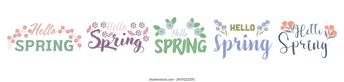 Set of inscriptions HELLO, SPRING on white background