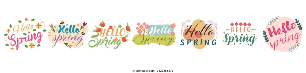 Juego de inscripciones HOLA, PRIMAVERA sobre fondo blanco