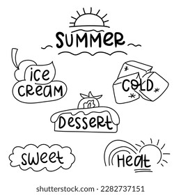 A set of inscriptions for ice cream. Inscriptions with small sketches are like stickers. Ice cream, cold, sun, summer, hot, doodle-style dessert. Black and white sketches